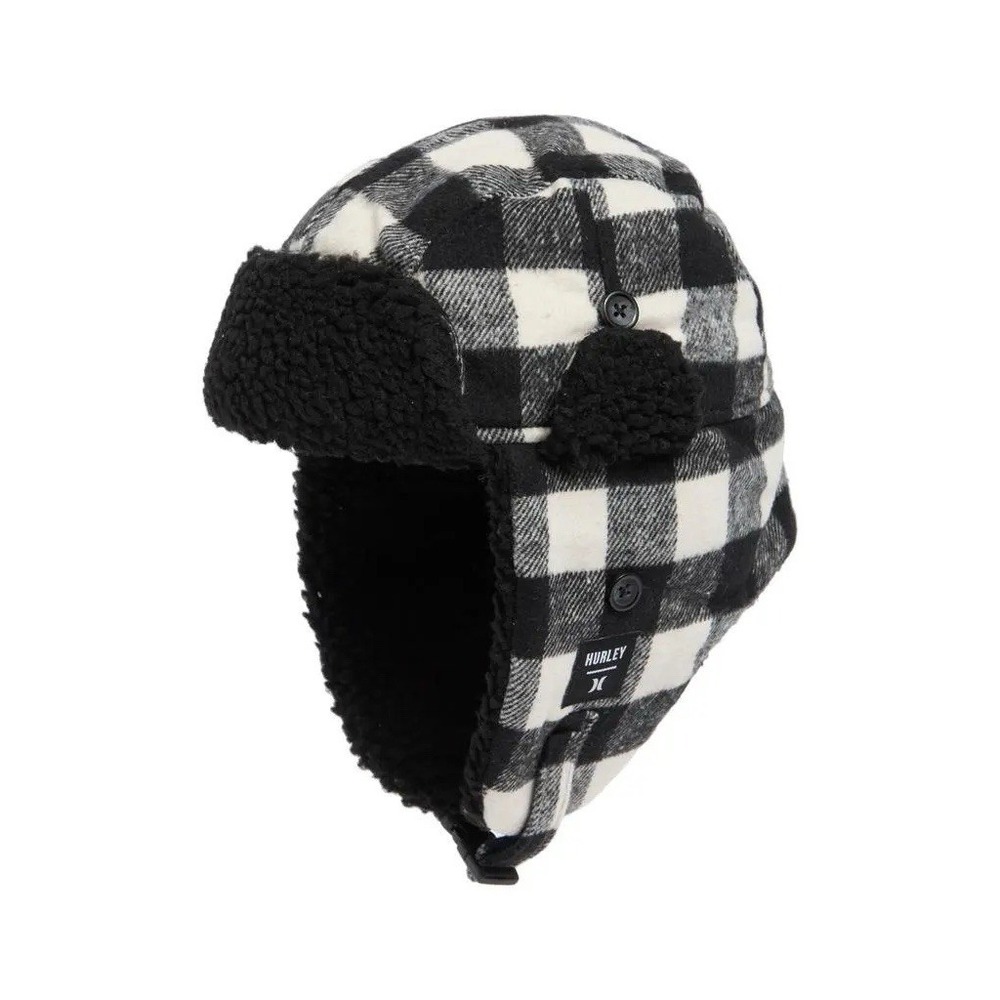 Hurley Black White Buffalo Plaid Sherpa Trapper Hat Ear Flaps Winter Aviator NWT